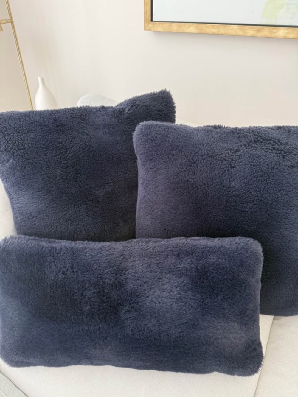 Set of 3 Navy Blue Plush Decorative Throw Pillows Soft Fuzzy Faux Fur Indoor/Out